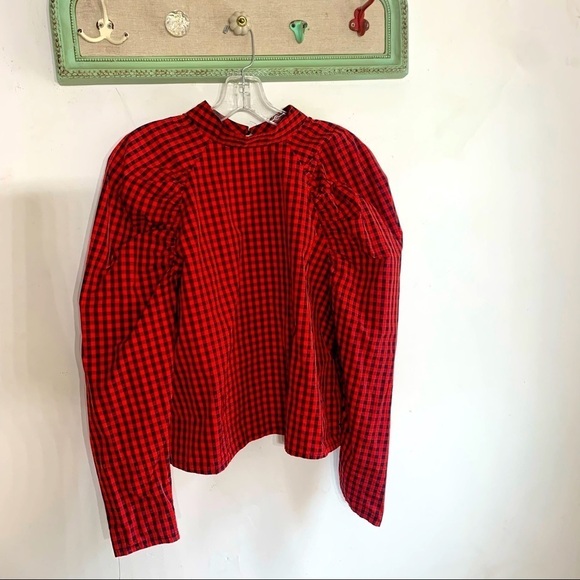 H&M red black checkered print puff long sleeve shirt medium blouse mock neck - Picture 2 of 9